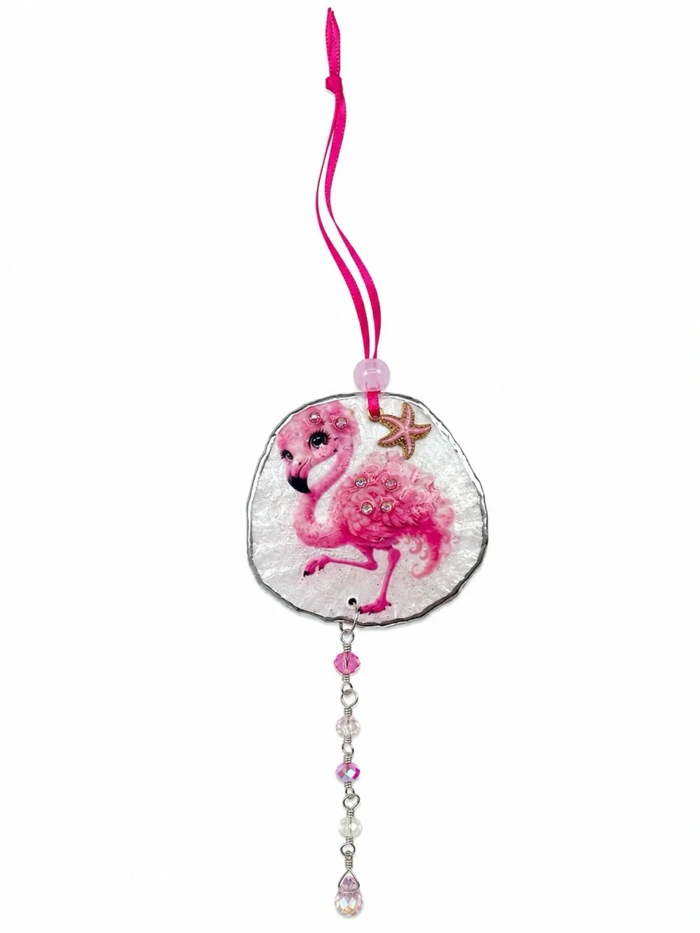 Pink Flamingo Decoupage Sand Dollar Crystal Sun Catcher